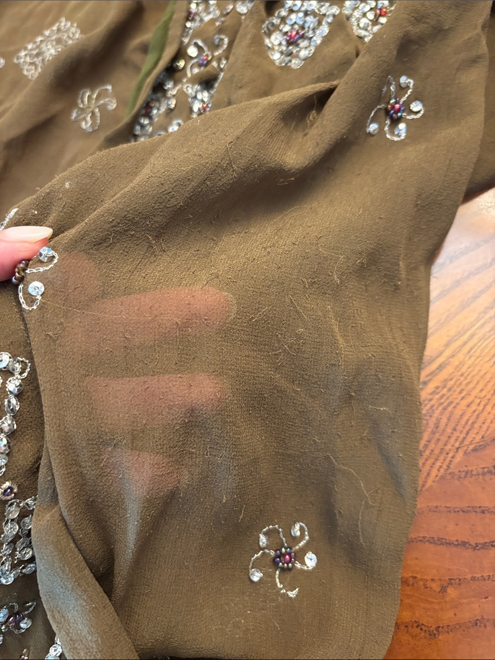 Calypso St. Barth Olive and Tan Textured Jeweled Silk Open Cardigan Small - Picture 9 of 10